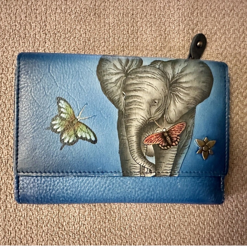 Anuschka Blue Wallet with Elephant and Butterfly Design